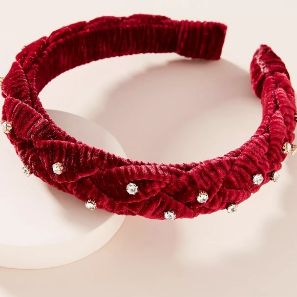 Anthropologie braided velvet headband with rhinestone embellishments- wine - Picture 1 of 4